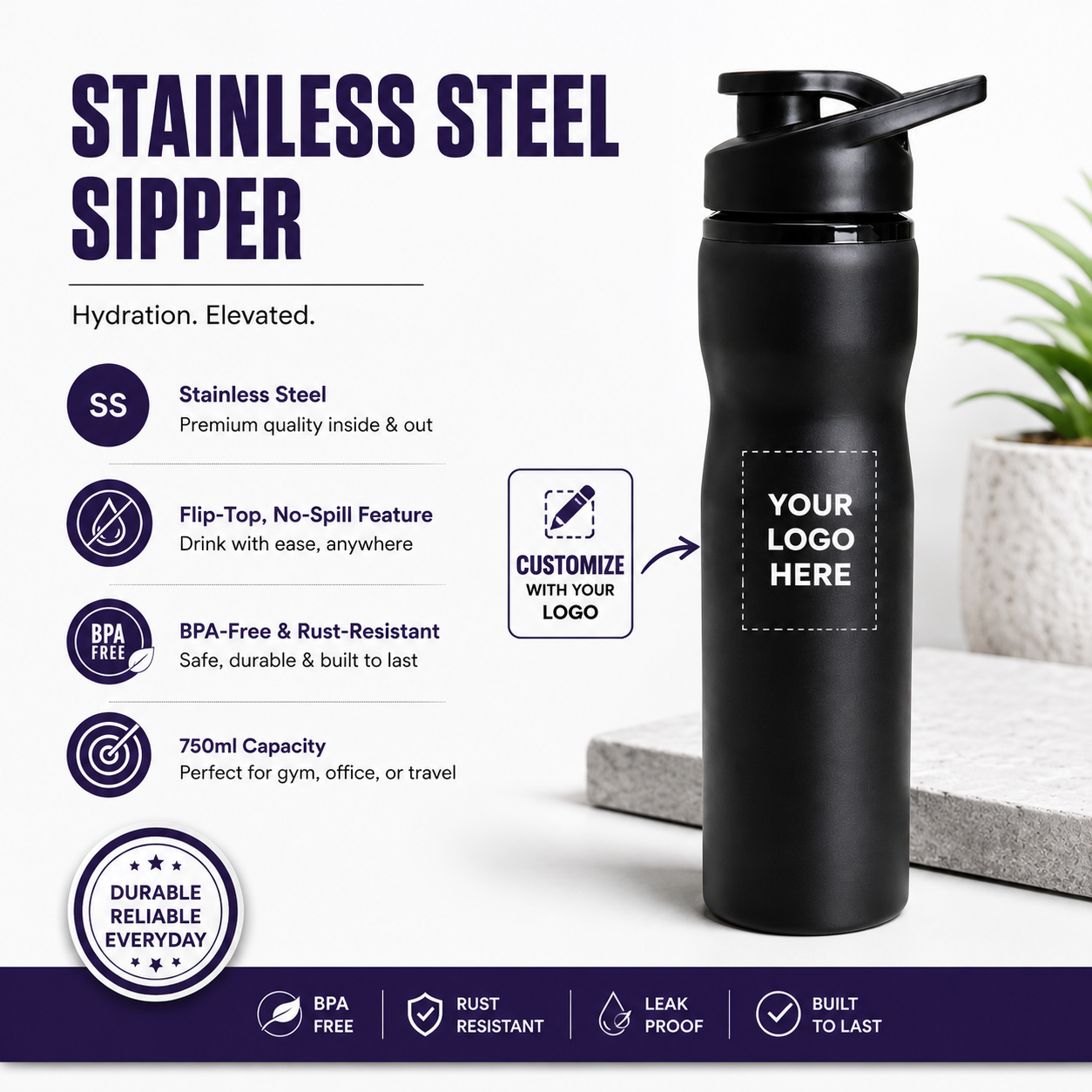 The Print Snap Custom Stainless Steel Sipper Bottle | Personalized Logo Printed Water Bottle | 750ml | Corporate Gift