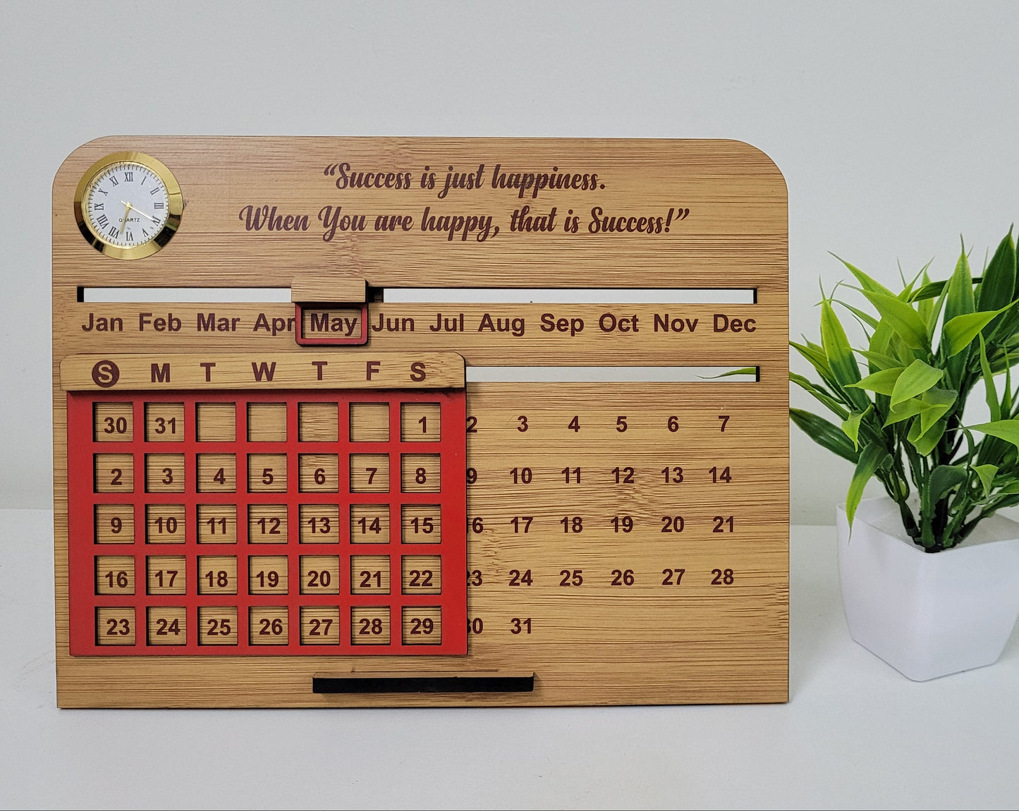 Premium Wooden Perpetual Desk Calendar with Clock | Reusable Office Table Calendar & Corporate Gift