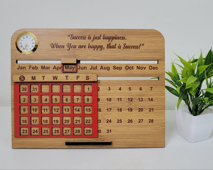 Premium Wooden Perpetual Desk Calendar with Clock | Reusable Office Table Calendar & Corporate Gift