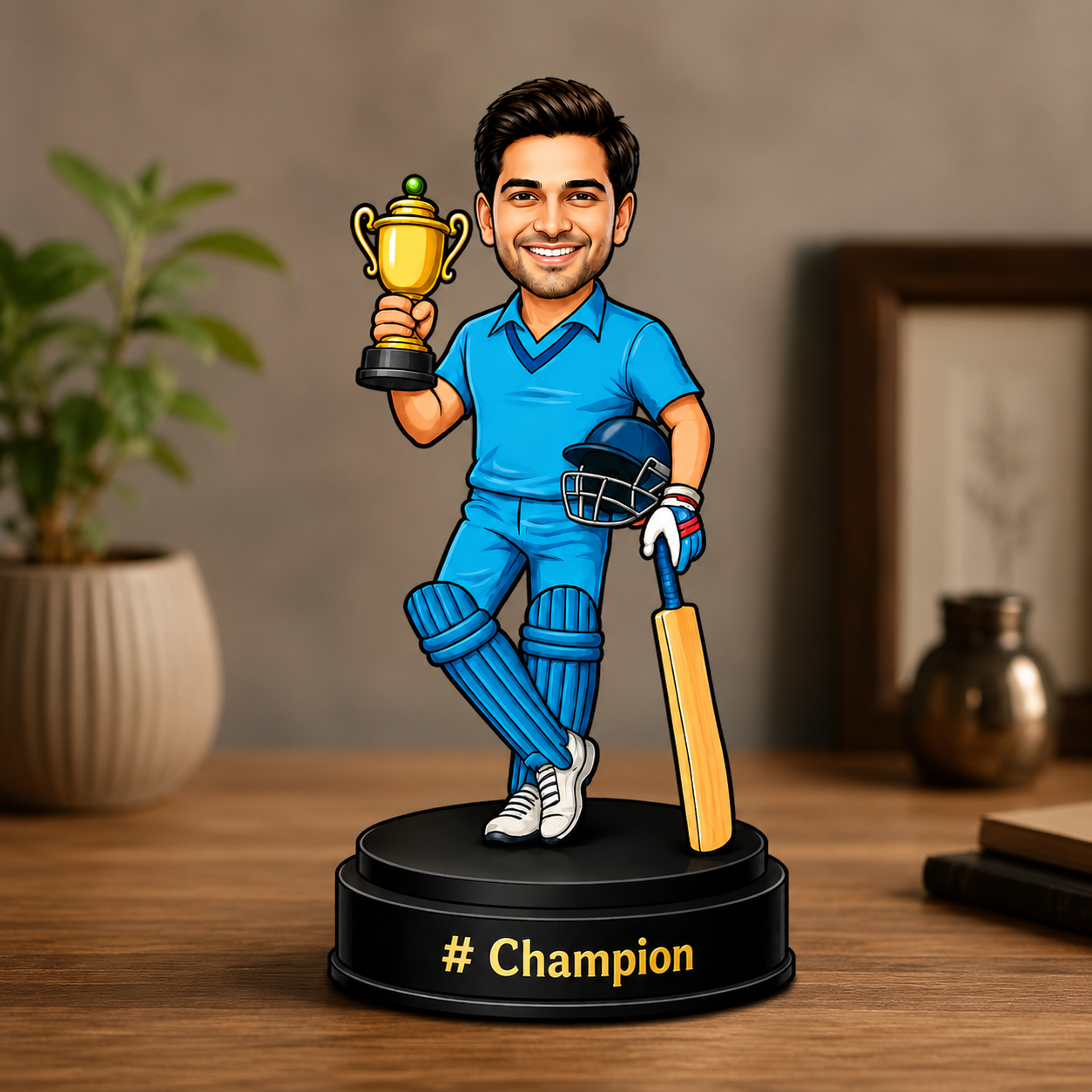 Personalized Cricket Champion Caricature Trophy | Custom MDF Corporate Award | Employee Recognition Gift | Sports Event Memento | 6 Inch