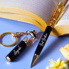 Gold Flake Pen (Jari Pen) with customization option, paired with a stylish keychain — a perfect premium gifting choice under ₹1000