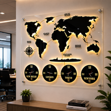 LED World Map Wall Clock | 4 Time Zone Clocks